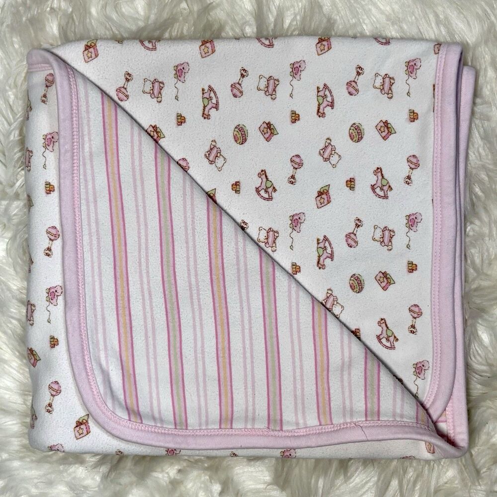 Starting Out Newborn Baby Double Sided Blanket Stripes Bears Rocking Horses VTG